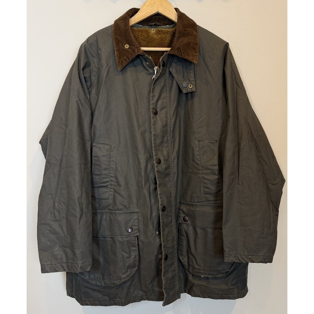 Mens XL Italian Made Barbour Style Green Waxed Field Jacket Removable Pile Liner